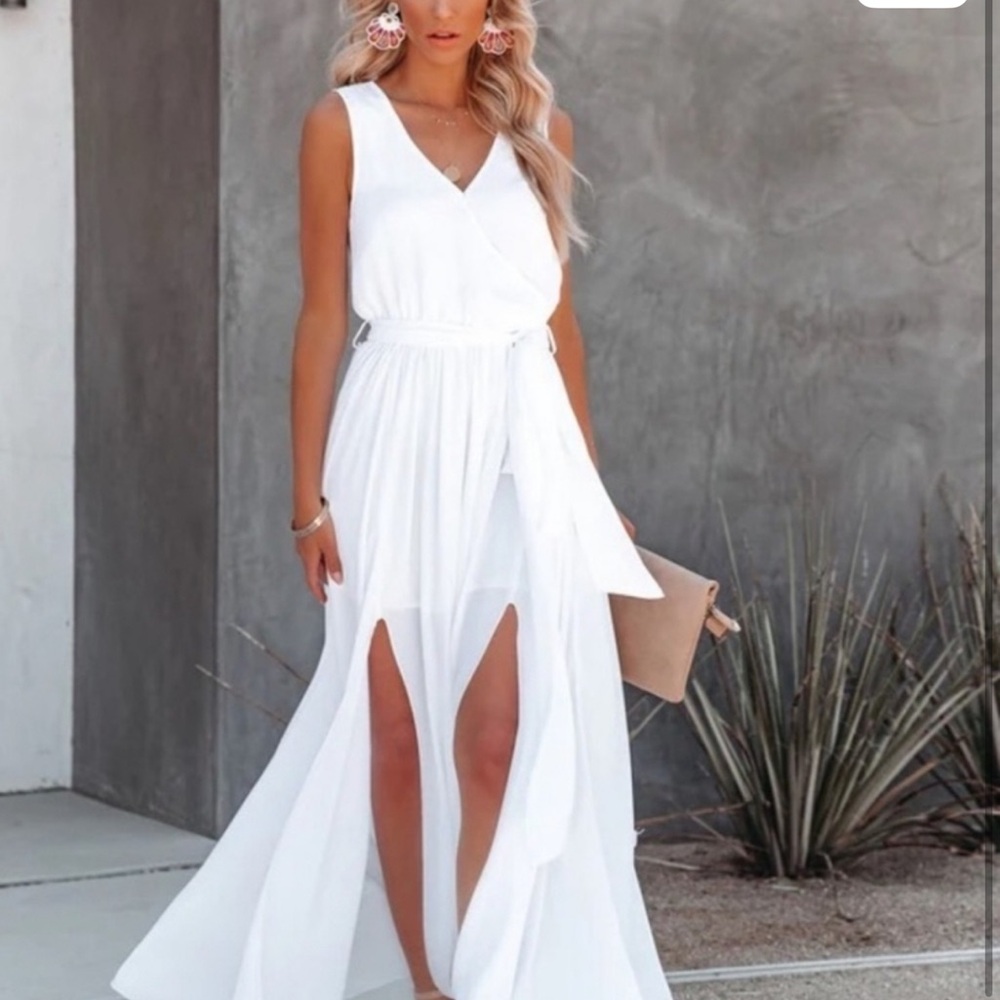 Vici Diana White Sleeveless Wrap Maxi Dress with Front Slits